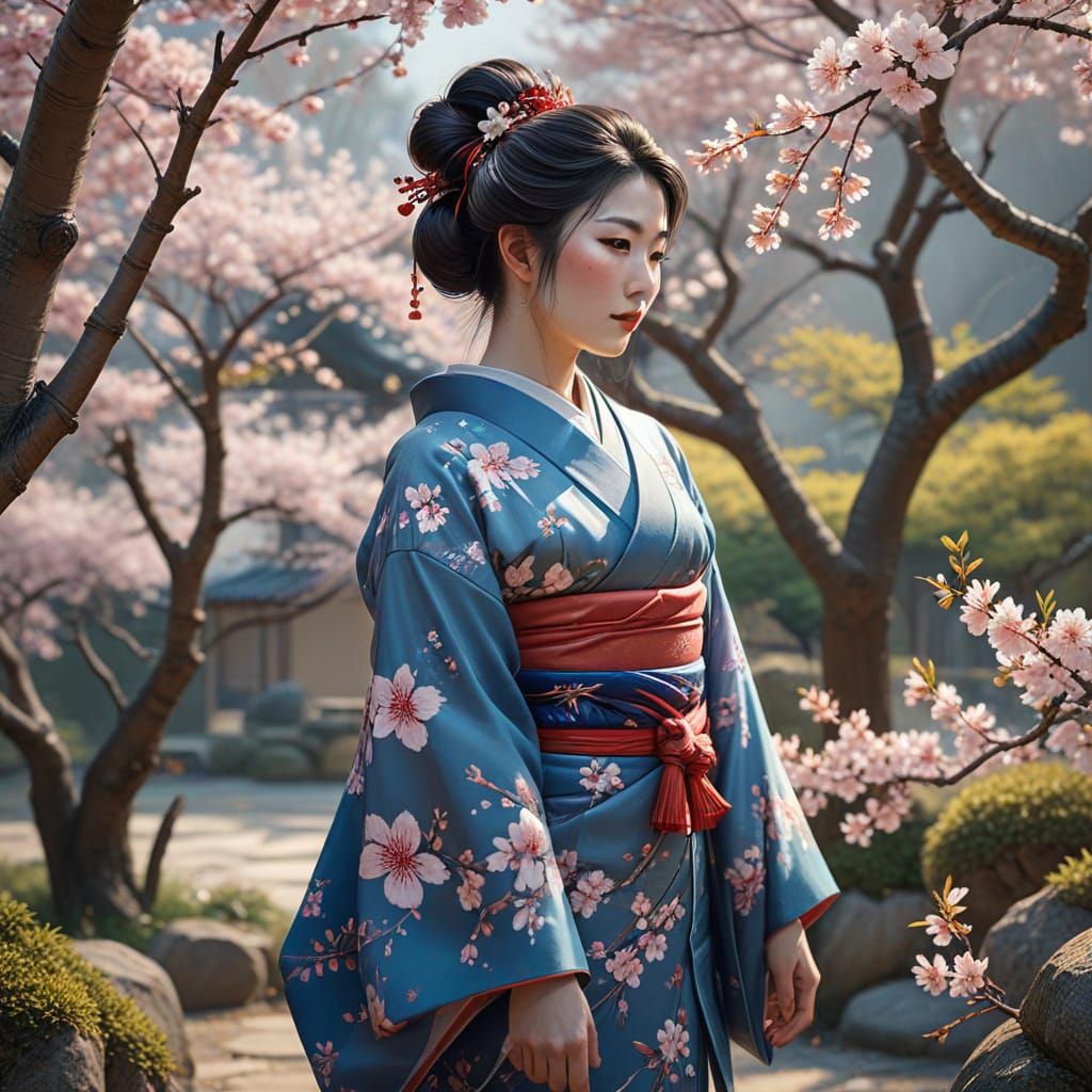 Gouache Geisha Painting in Traditional Japanese Garden