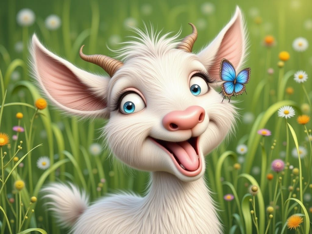 Whimsical Cartoon Baby Goat and Butterfly