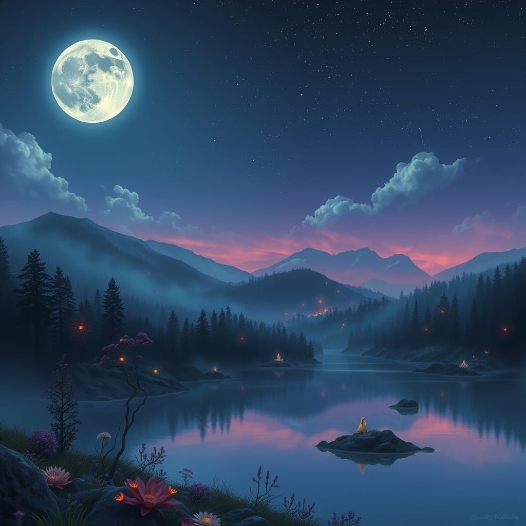 Moonlit Fantasy Landscape with Glowing Flora and Fauna