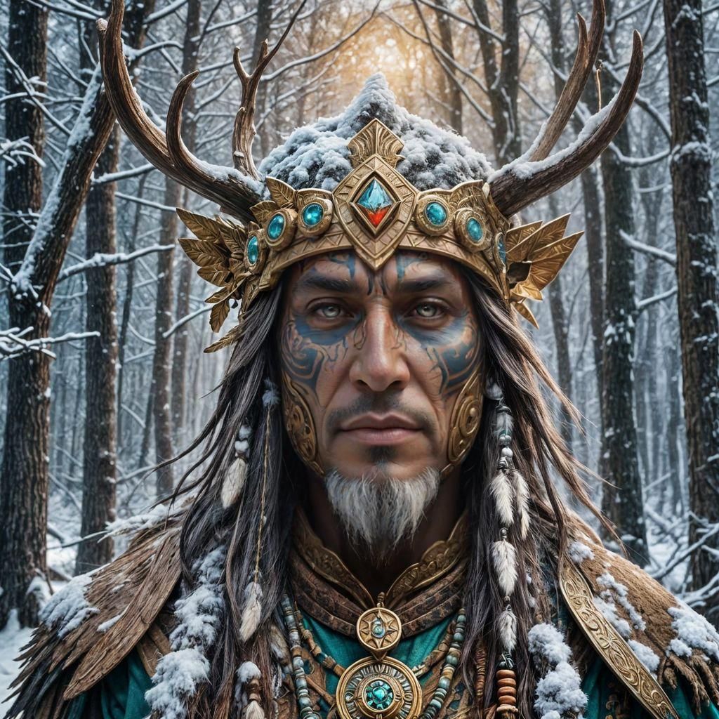 Epic Fantasy Shaman in Winter Forest