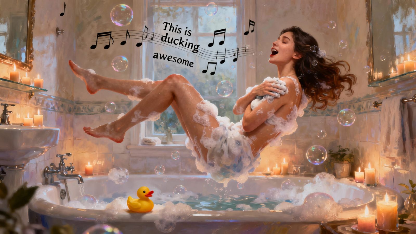 Beautiful Woman Sings in Bubble Bath with Music Notes