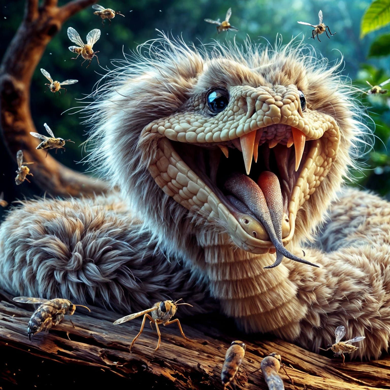 Surreal Furry Snake Amidst Summer Blooms