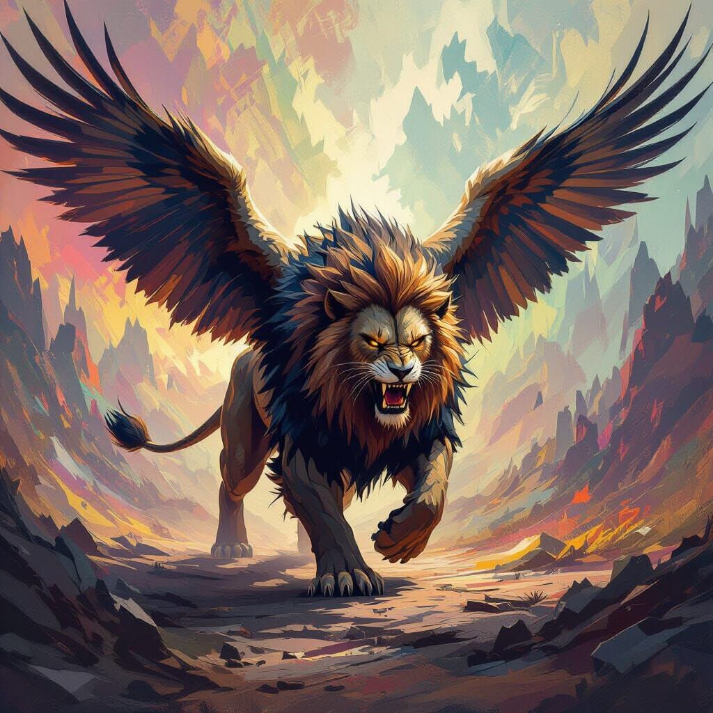 Warrior Beast With Lion Body and Eagle Wings in Surreal Land...