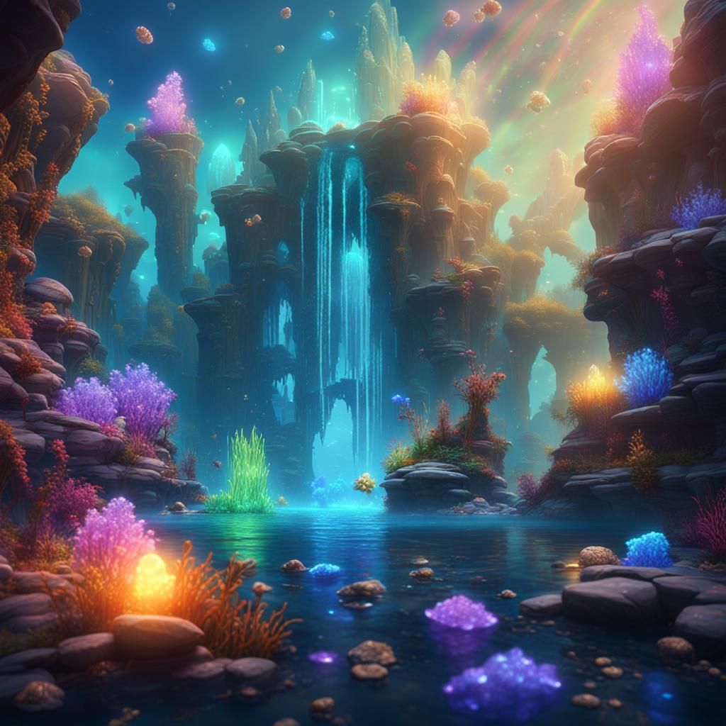 Glowing Rainbow Crystals in Underwater Fantasy
