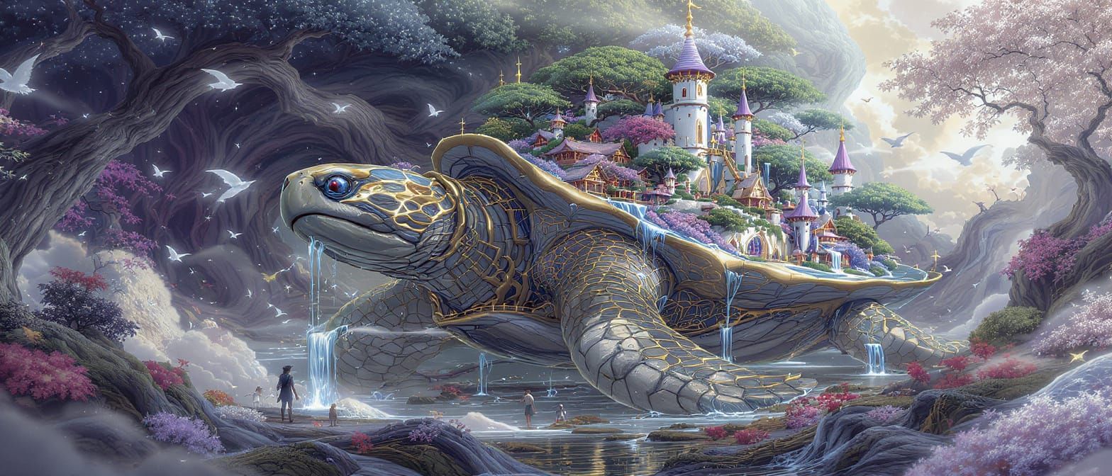 Fantasy Turtle with Magical Kingdom, Digital Illustration