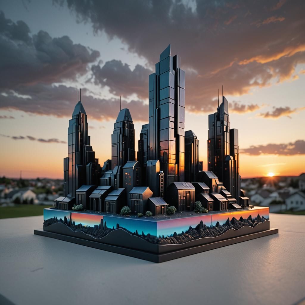 Futuristic Sunset Over Monochromatic Town in Resin Cast
