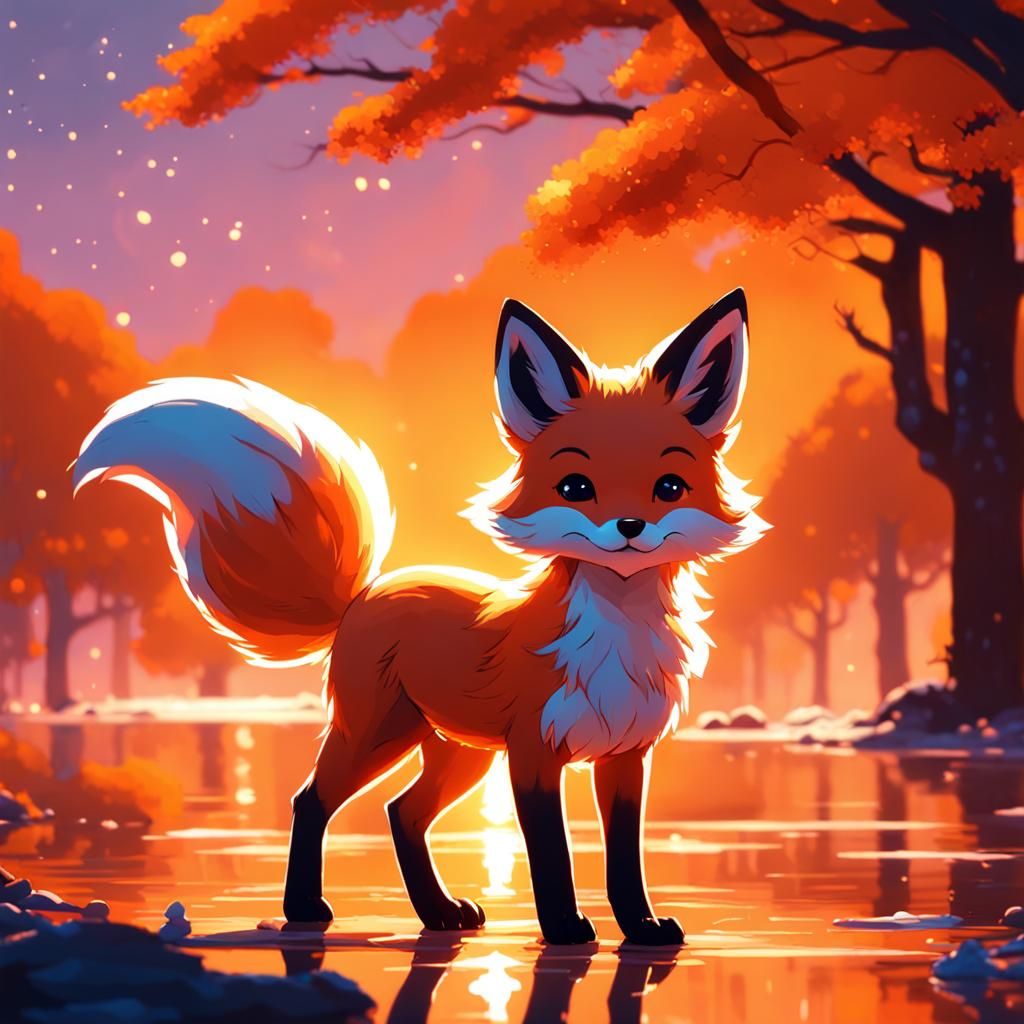 Chibi Fox Sunset: Digital Painting in Contemporary Style