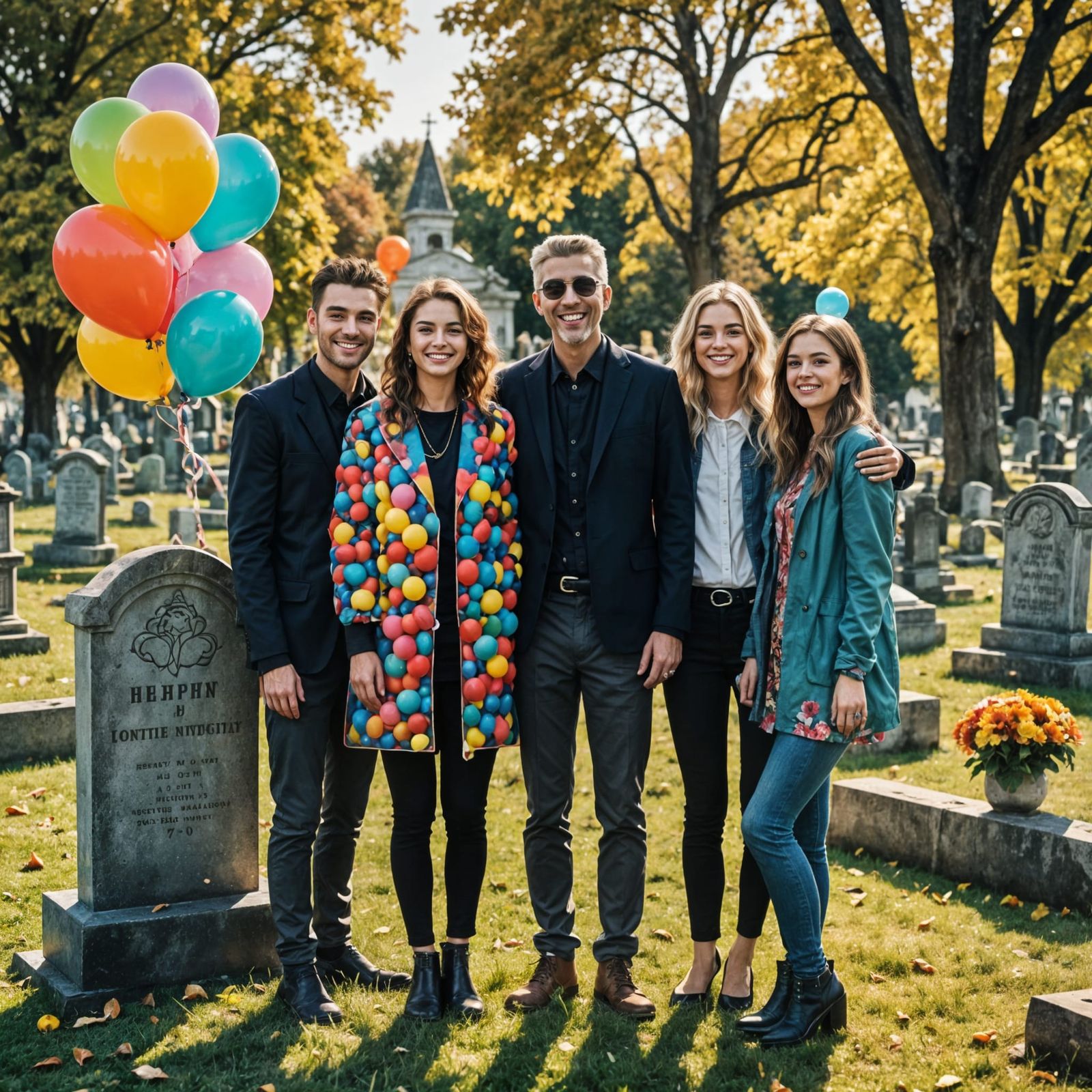 Happy Gathering at Cemetery with Balloons