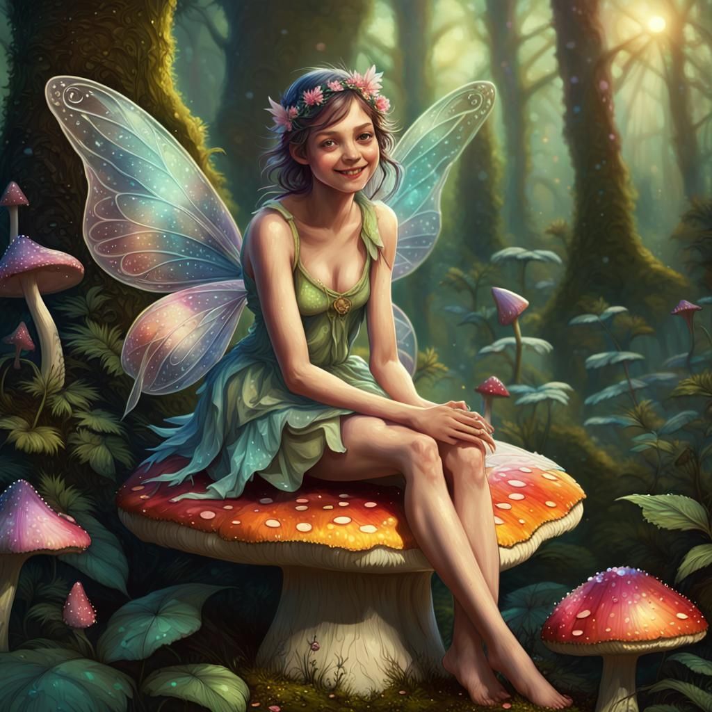 Whimsical Fairy Sits on a Forest Mushroom in a Vibrant Woodl...