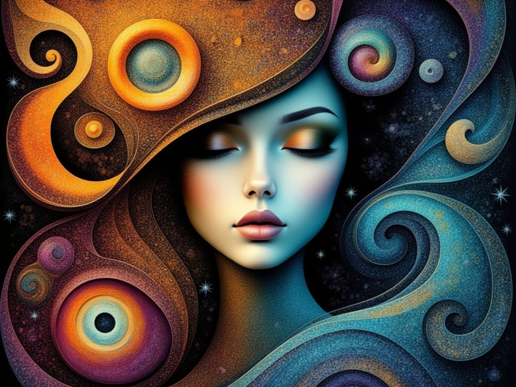Vibrant Whimsical Woman in Dreamy, Swirling Patterns