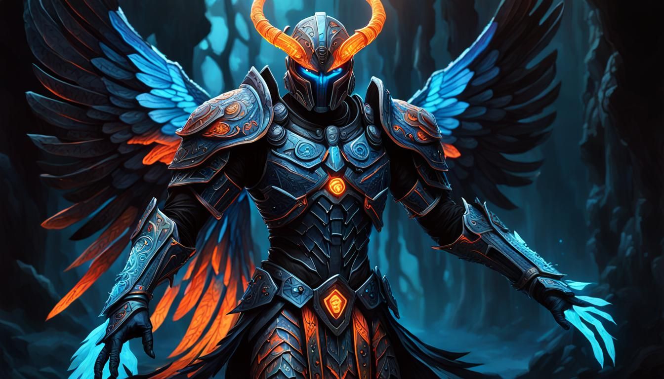 Biosynthetic Angel in Onyx Armor with Bioluminescent Runes