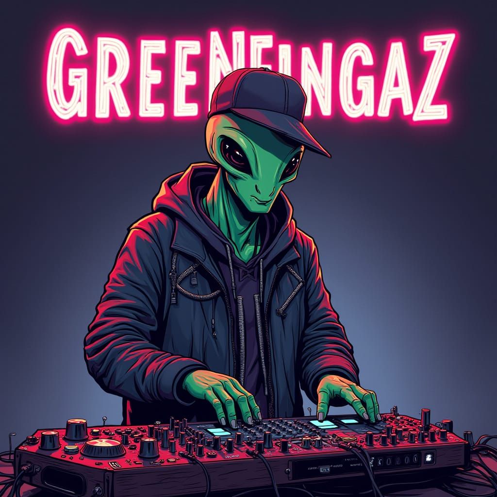 Alien Music Producer with Neon Logo in Sci-Fi Style