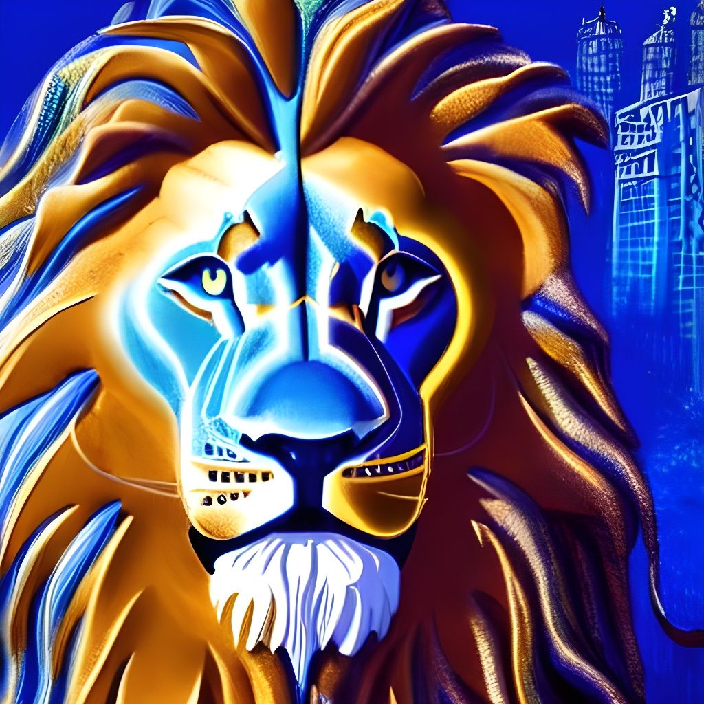 Blue Celtic Lion in Dystopian City Street