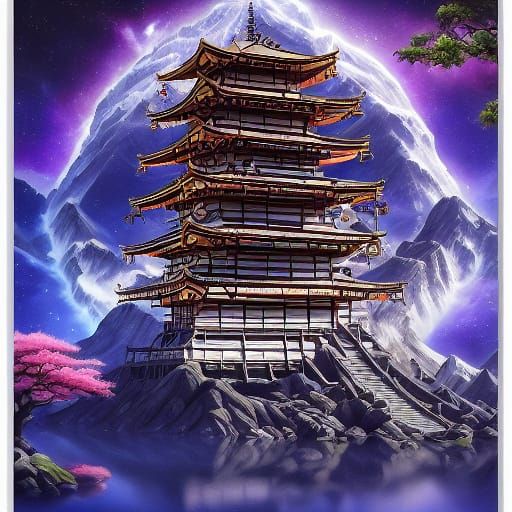 Floating Pagoda with Nine-Tailed Fox in Mystical Jungle