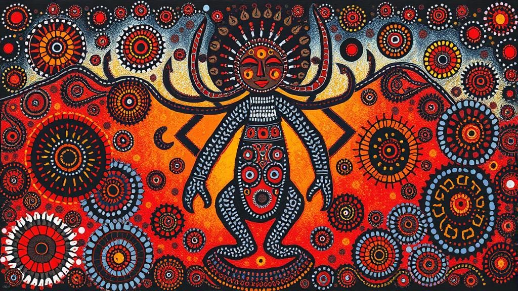 Aboriginal Art: Ancestral Being in Dreamlike Landscape