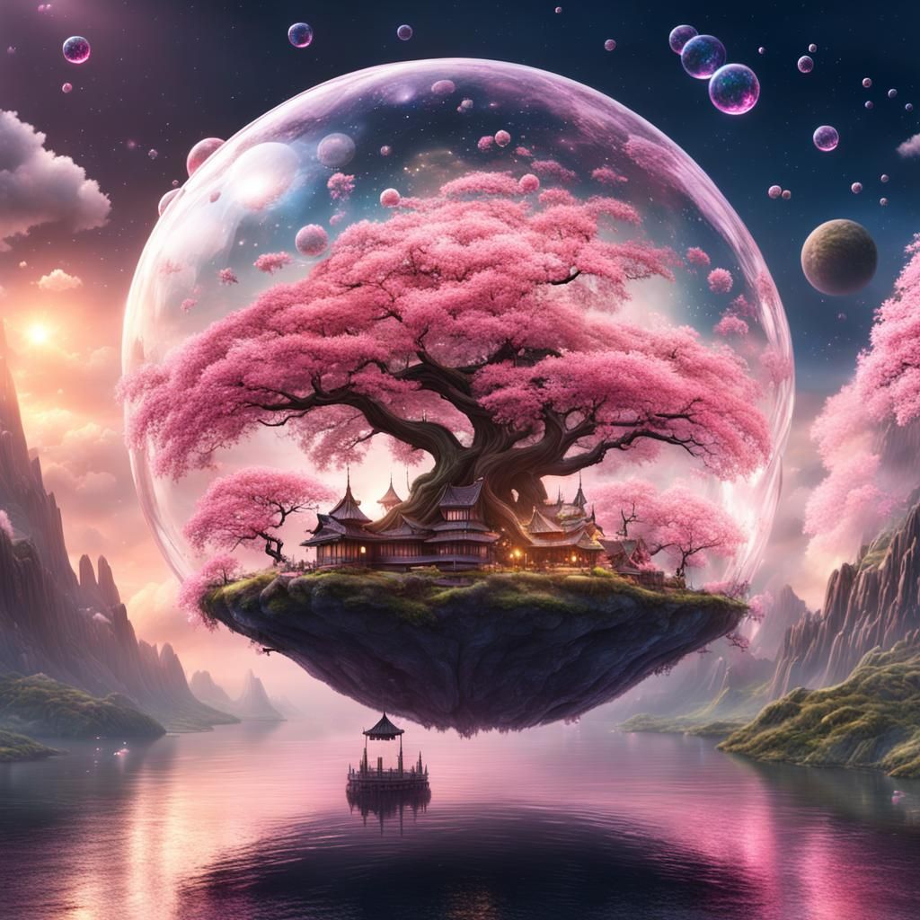 Sakura on Floating Island in Space, Digital Painting