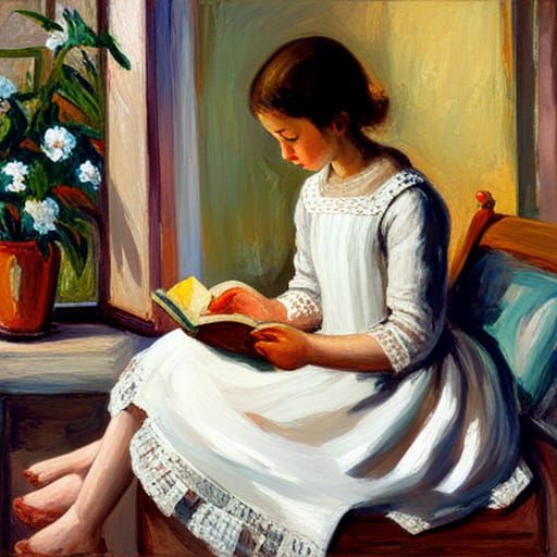 Victorian Girl Reading, Pointillist Oil Painting Style