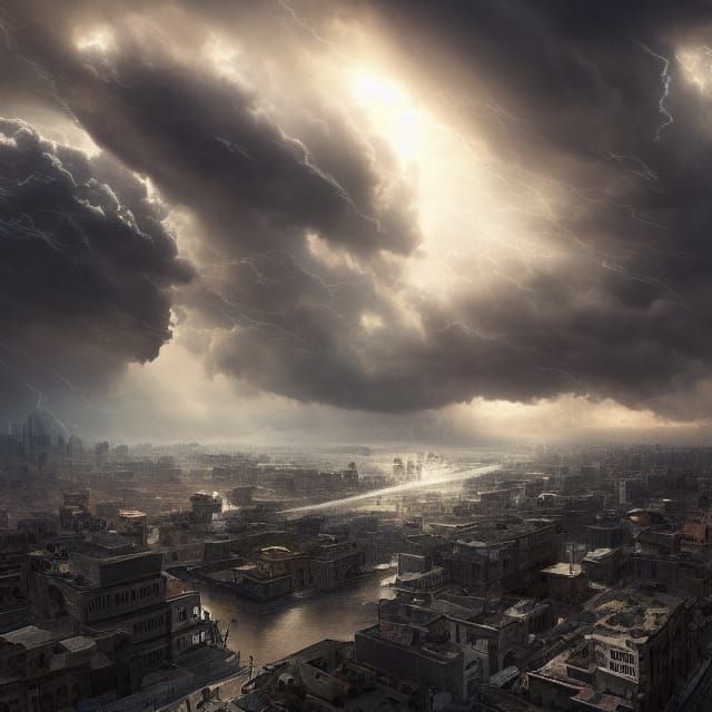 Deserted City Awaits Hurricane: Epic Digital Painting