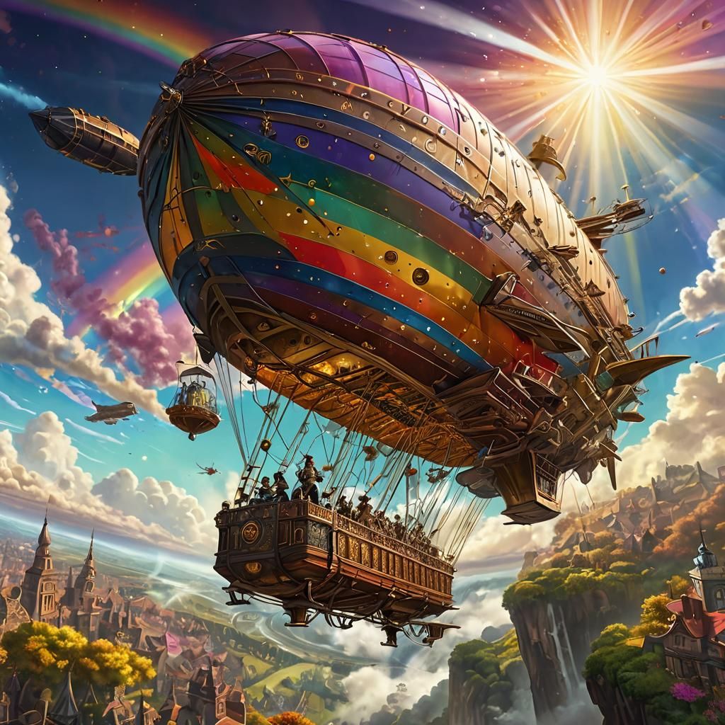 Steampunk Airship Soaring Around Rainbow Star