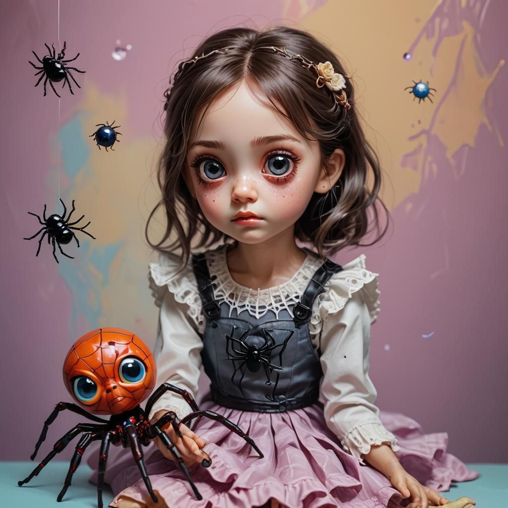 Cute Spider Plays with Doll: Hyperrealistic Concept Art