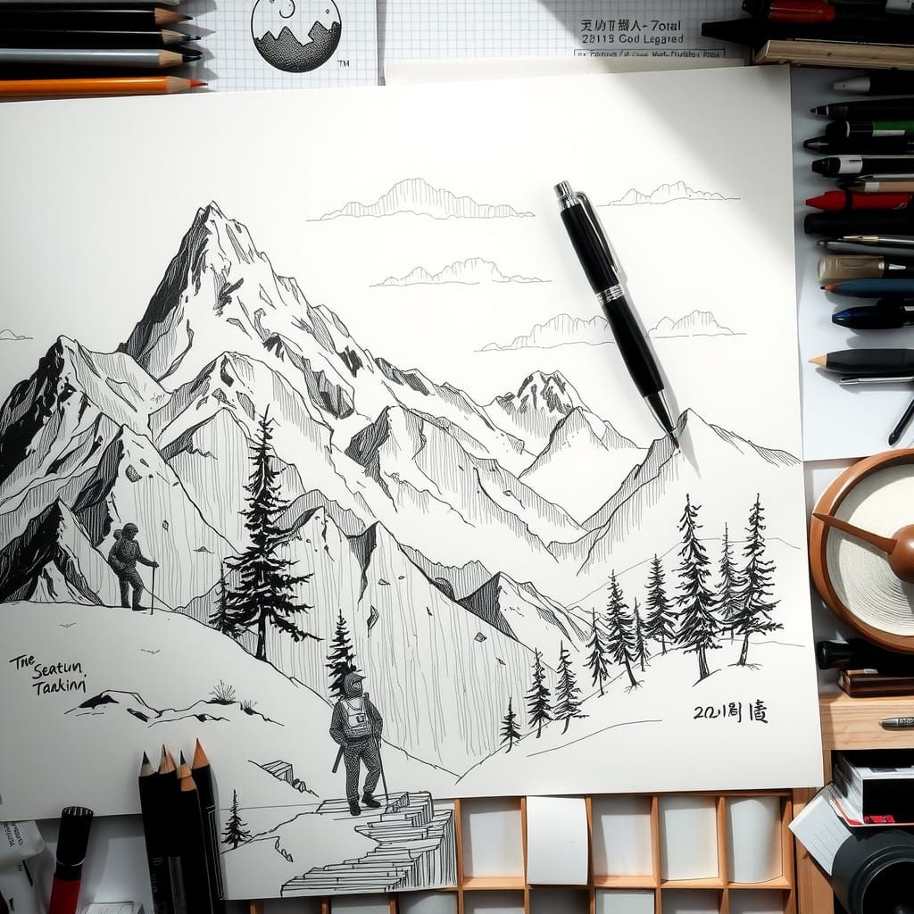 Doodle Style Mountain Landscape with Alpinists and Trees