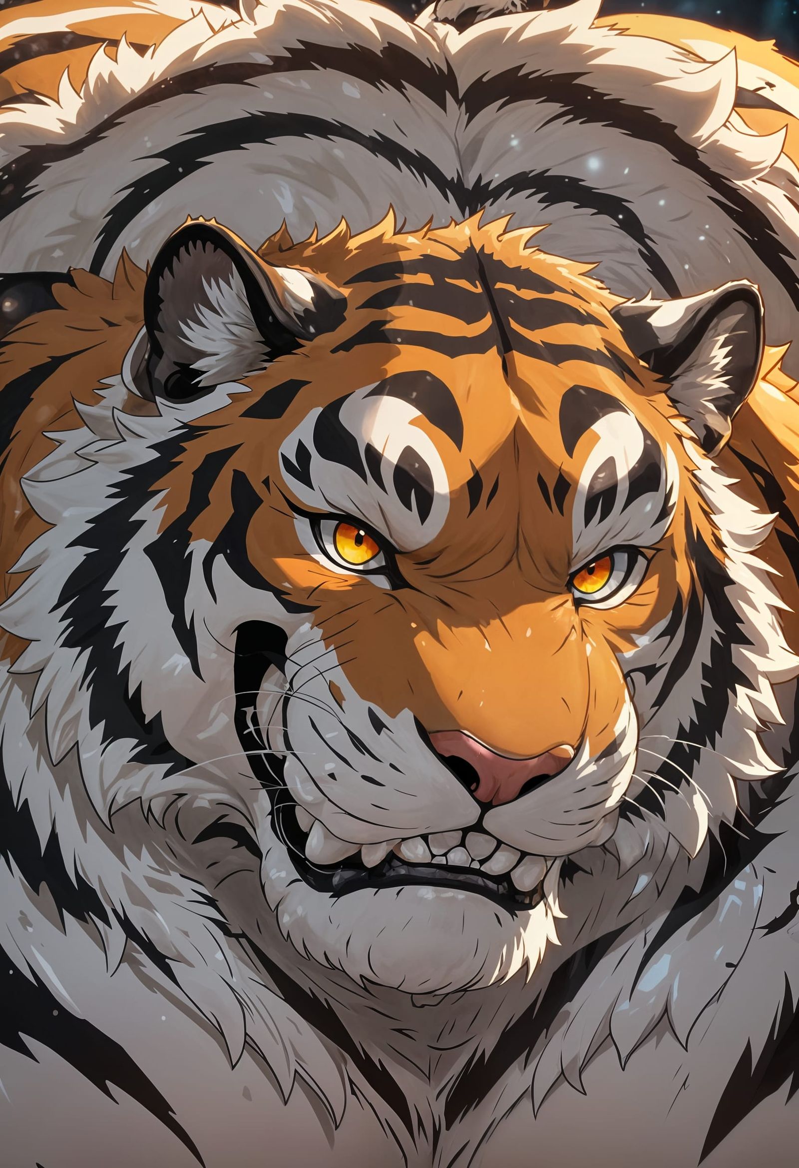 Obese Siberian Tiger with Happy Expression in Dark Portrait