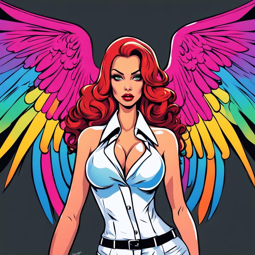 Jessica Rabbit Angel as a colorful angel wings on her back and a halo over her head wearing a cute cool looking revealin...