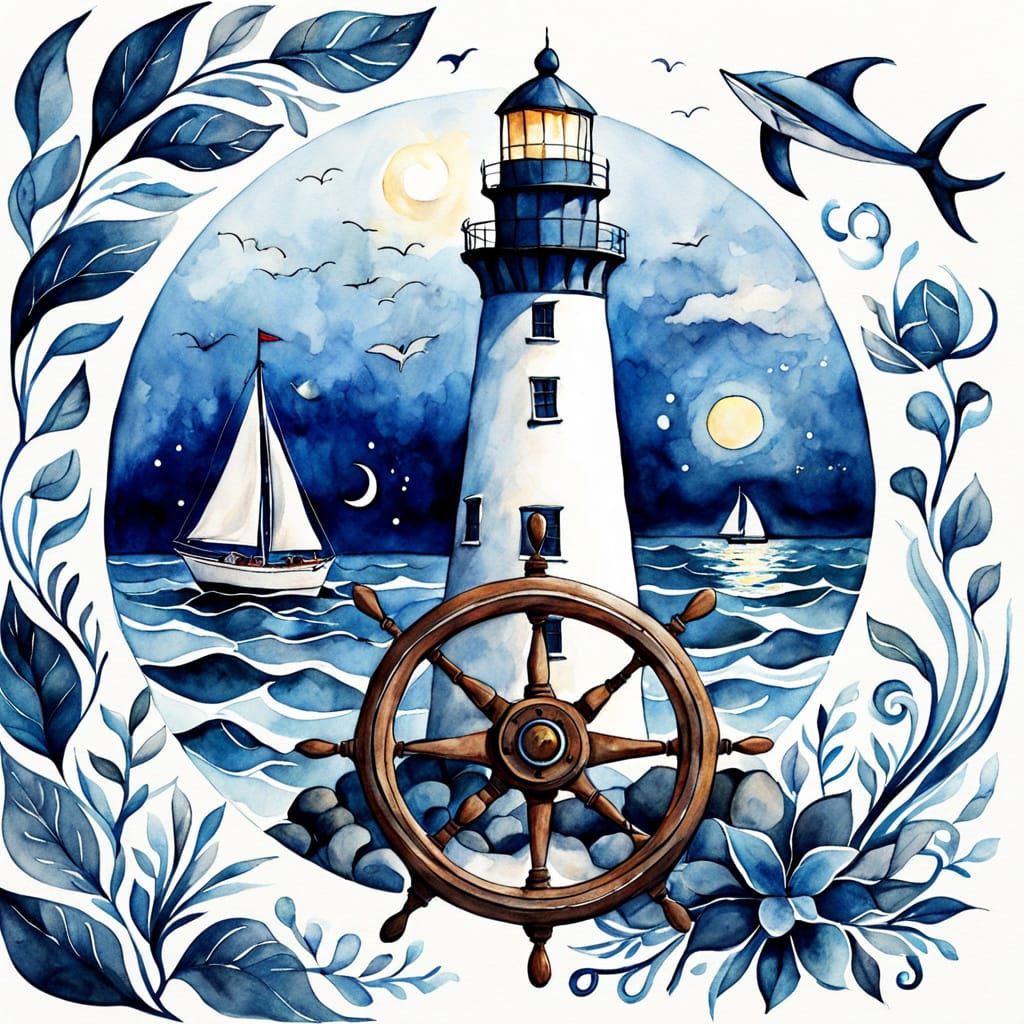 Stylized Watercolor Composition of Lighthouse, Anchor, and S...