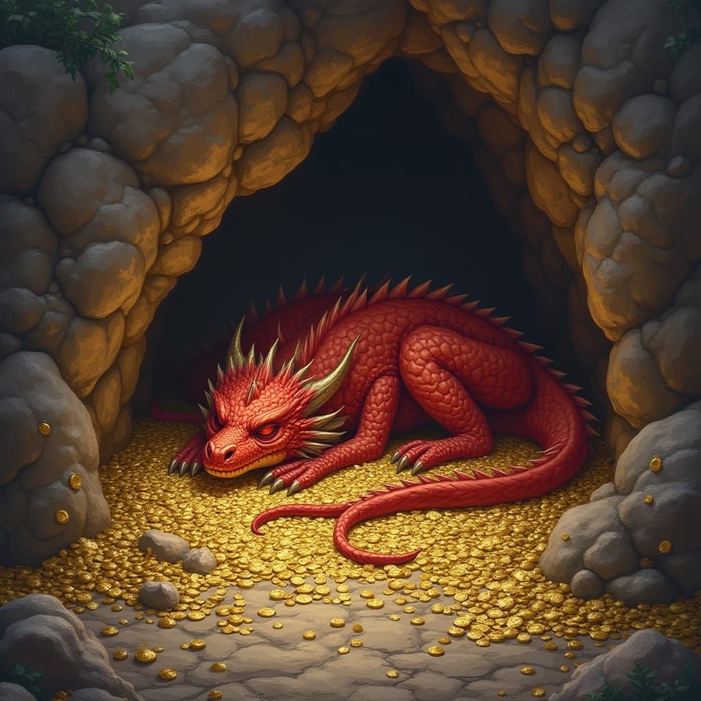 Red Dragon Sleeping in Cave Filled with Gold
