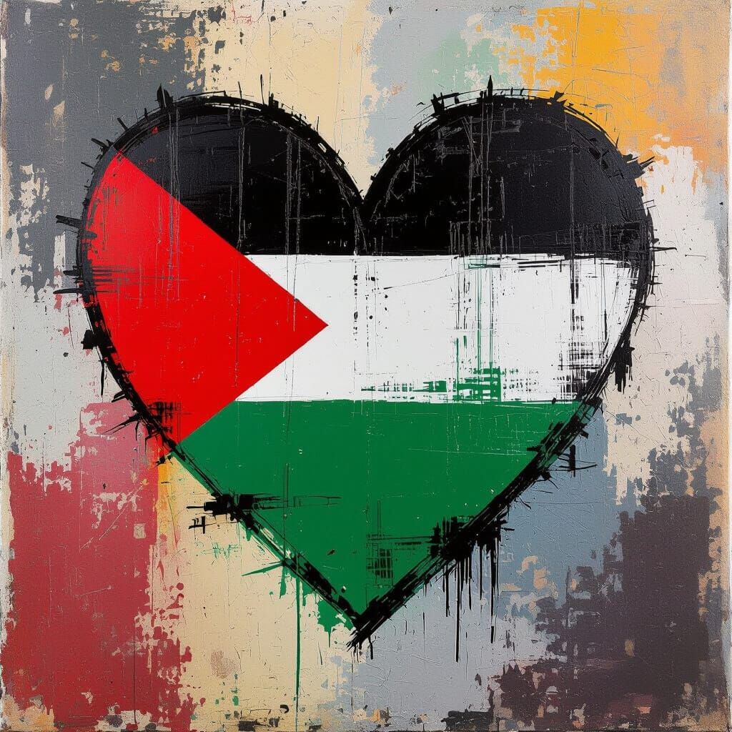 Palestinian Flag Heart with Abstract Brush Strokes