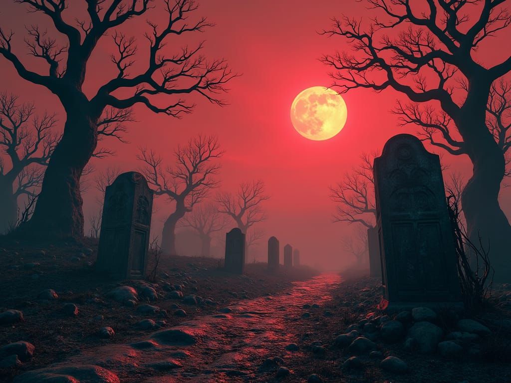 Eerie Halloween Landscape with Twisted Trees and Ancient Tom...