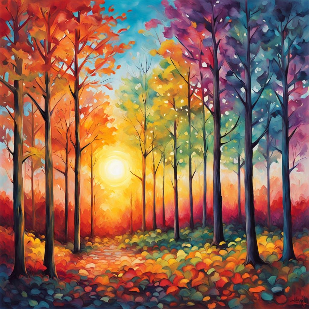 Vibrant Impressionist Forest with Golden Lighting