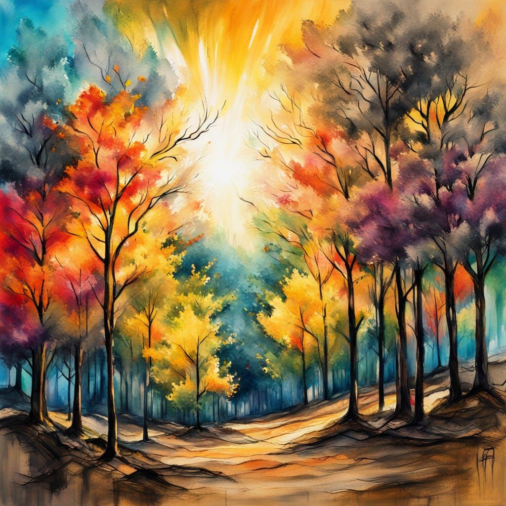 Expressionist Trees Reach for Sun: Oil Painting