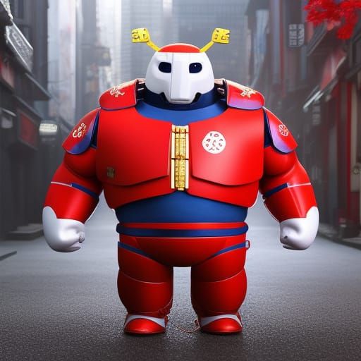 Baymax in Japanese Ninja Armor: Futuristic Digital Art