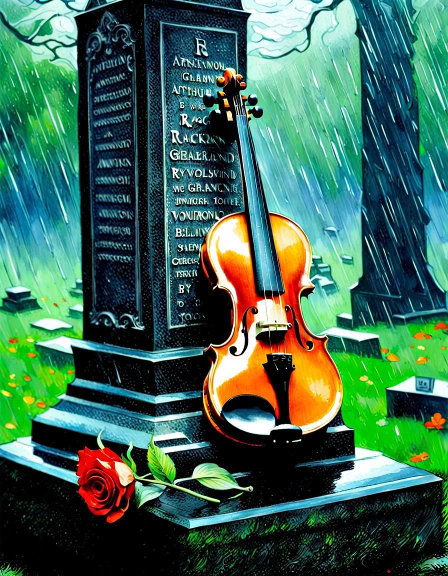 Violin on Gravestone in Rain, Dark Fantasy Art