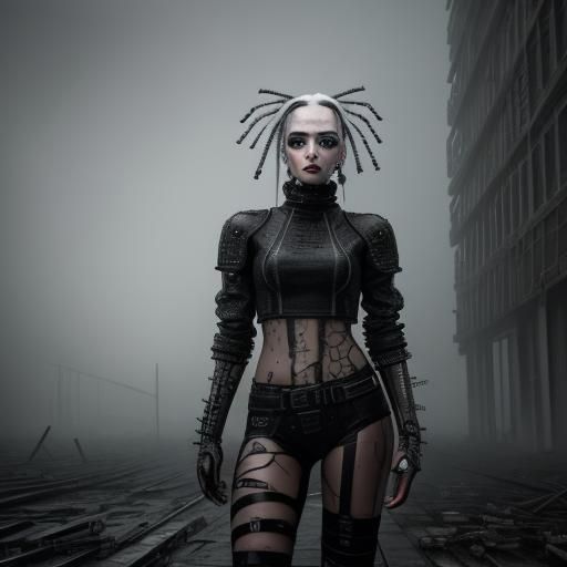 Cybergoth Model in Industrial Decay: Black and White Photogr...