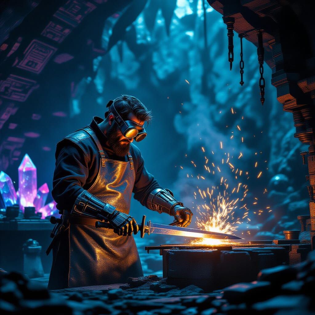 Biomechanical Blacksmith Forging Sword in Subterranean Forge