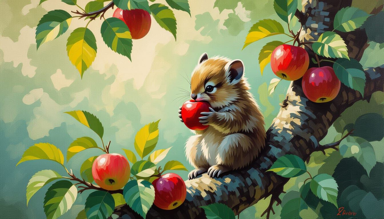 Fuzzy Creature Feasting in Lush Tree: Gouache Painting