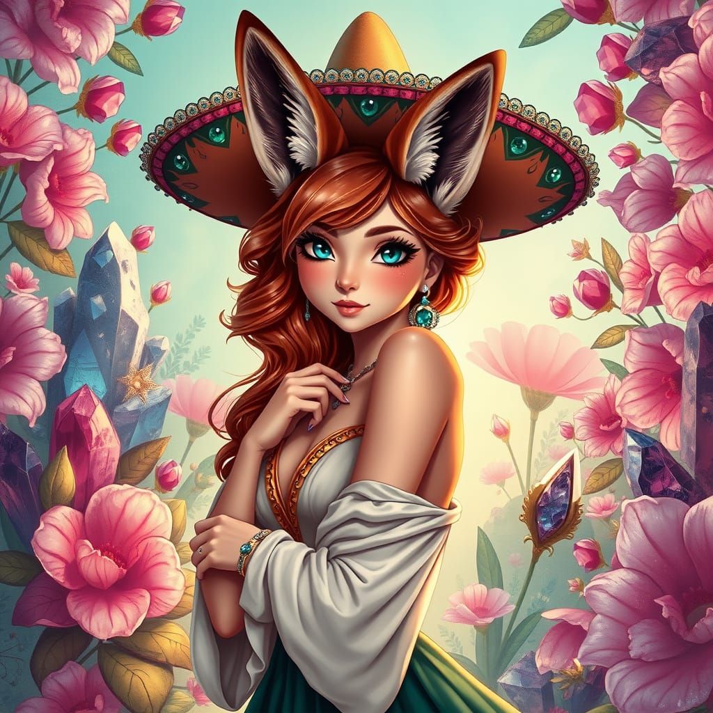 Anime Fox Girl in Floral Paradise, Art Nouveau Style