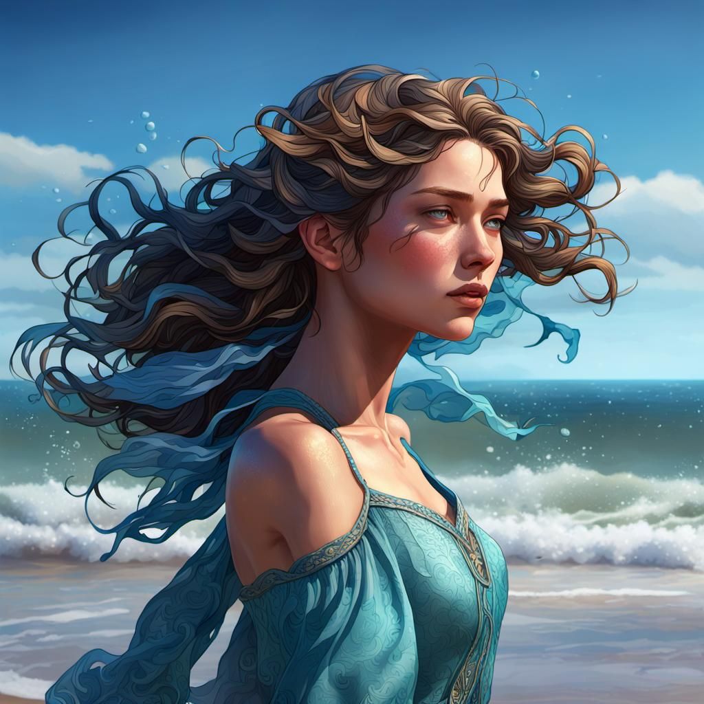 Ocean Waves Portrait in Hyperdetailed Art Nouveau Style