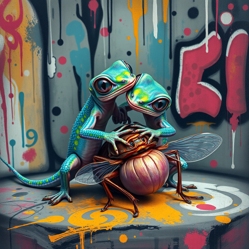 Geckos Fighting Over Bug in Graffiti Landscape