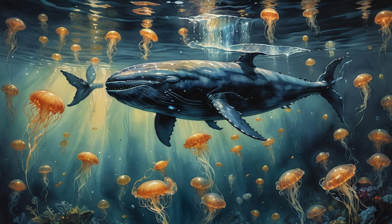 Glowing Whale in Dark Underwater Watercolor