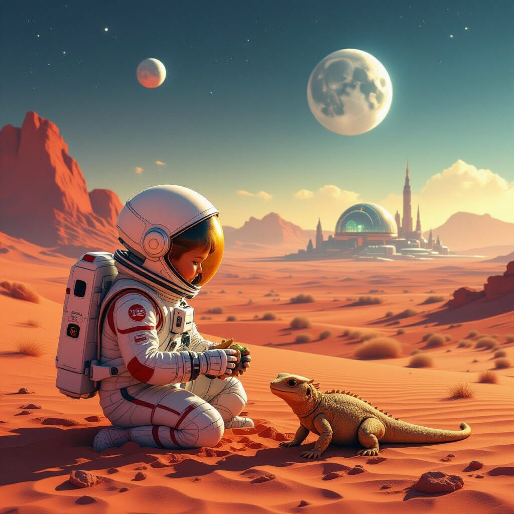 Child and Martian Sand-Lizard in Retro Spacesuit on Mars