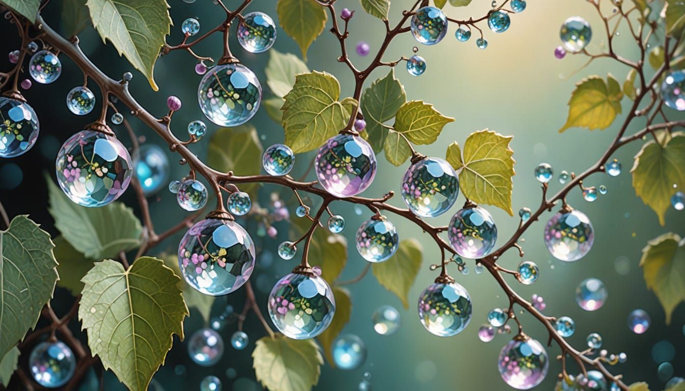 Crystal Vine Blooms with Luminous Orbs in Whimsical Oil Pain...