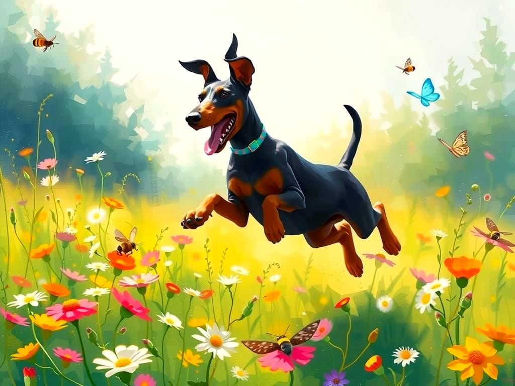 Dramatic Doberman Leaps in Vibrant Floral Landscape