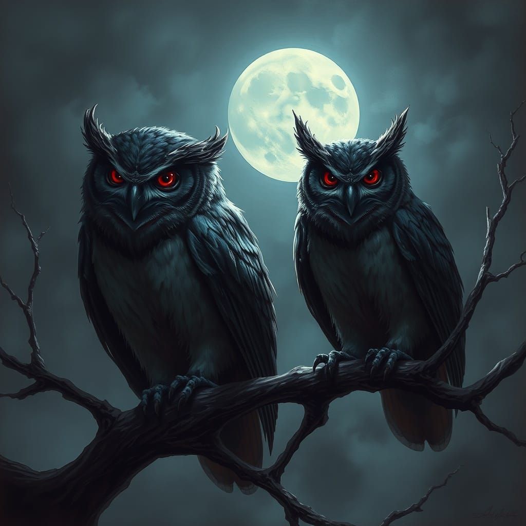 Sinister Owls in Dark Fantasy Art Style