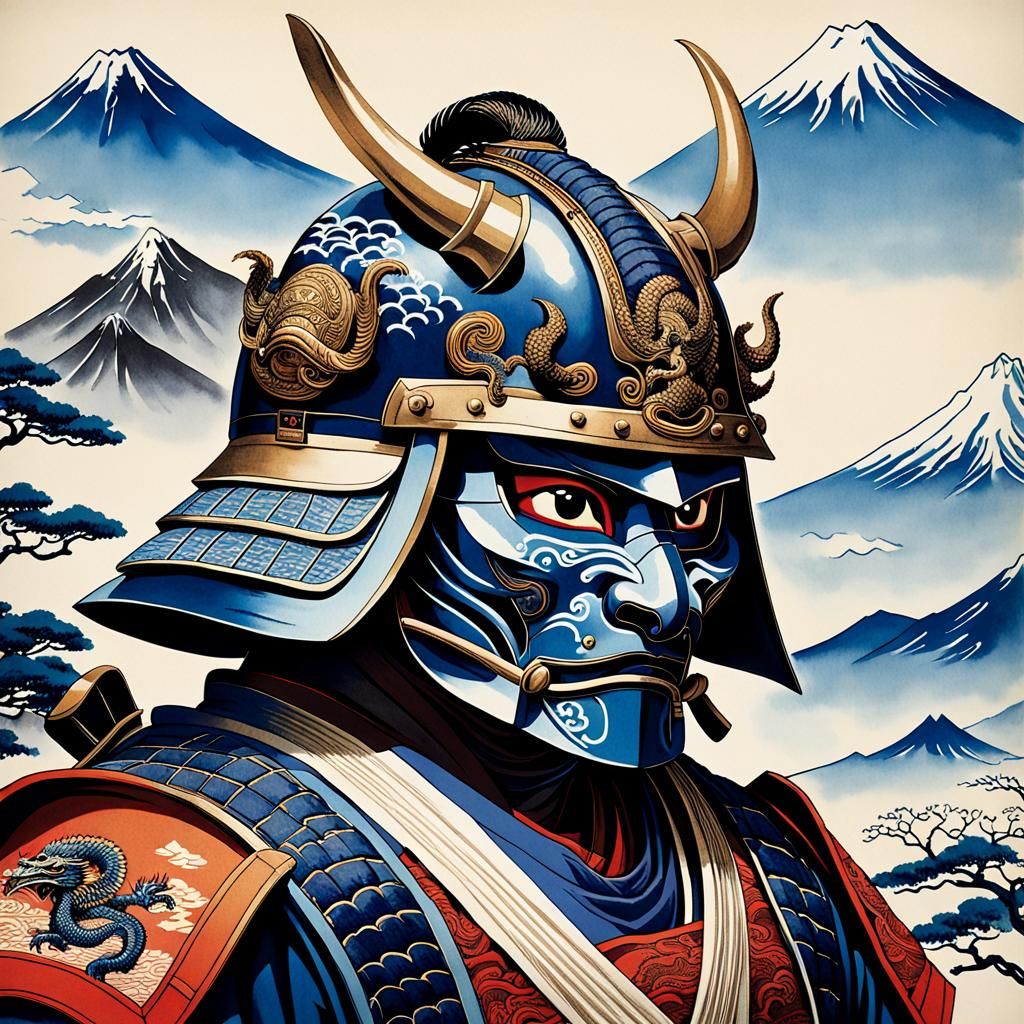 Art by Katsushika Hokusai, ukiyo-e print of a samurai helmet, ornate and symbolic, adorned with dragon motifs and crest,...