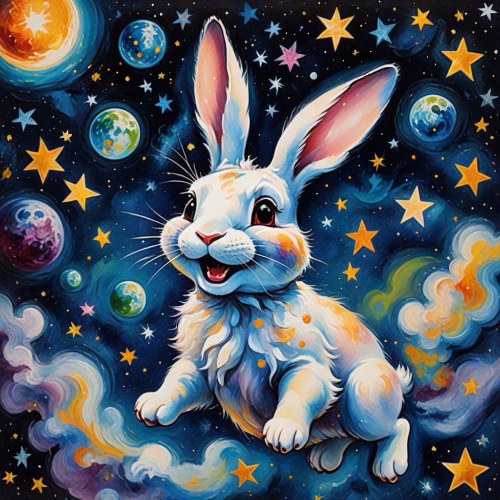 Laughing Bunny in Space: Surreal Oil Painting