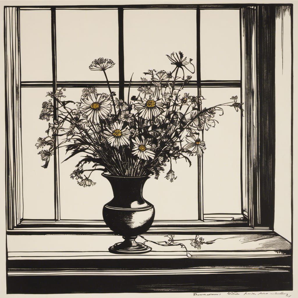 Wildflower Bouquet on Windowsill, Line Art Style