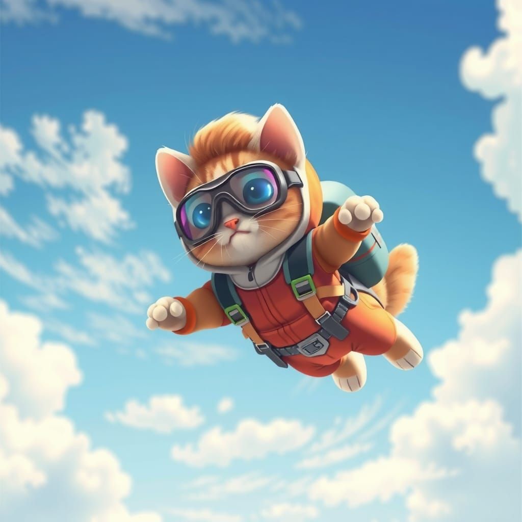 Kitten Skydiving in Anime-Inspired 3D CGI Style